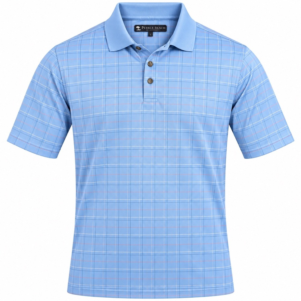 Pebble Beach Performance Mens Large Blue Grid Short Sleeve Golf Polo Shirt